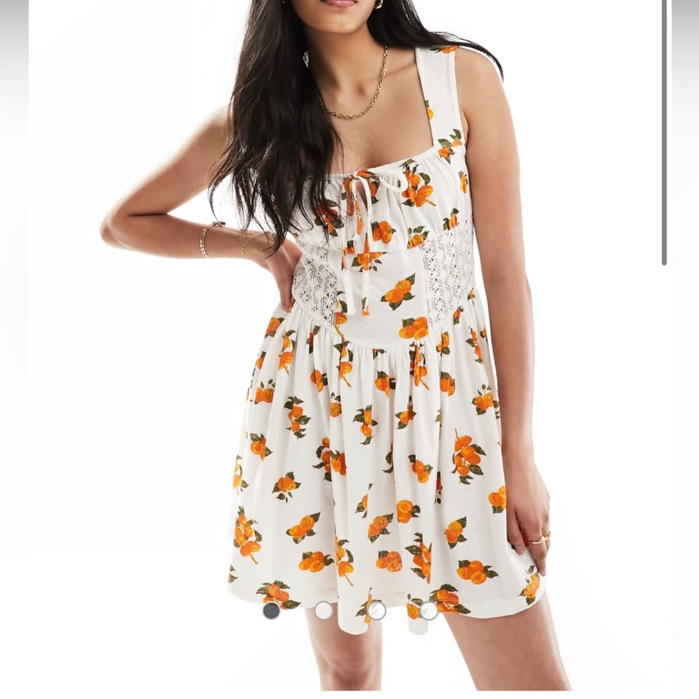 ASOS square neck ruched bust mini dress with lace inserts orange fruit print